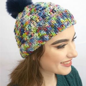 Pom Pom Hat, Crochet Beanie, Pom Pom Beanie, Rainbow Hat, Brand New, Never Worn